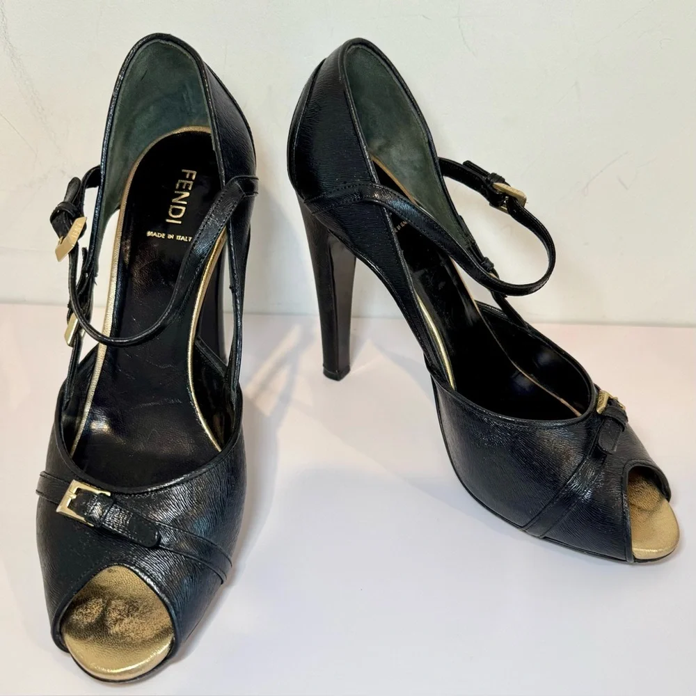Fendi Black Leather Peep Toe D’Orsay Pumps W Gold Buckle Accents, Size 39